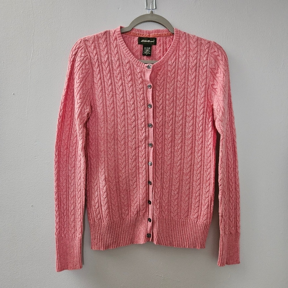 Eddie Bauer Pink Cable Knit Cardigan Sweater Cotton Cashmere Angora Blend Small‎
